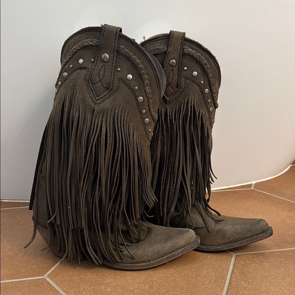 Brown Fringe Western Boots with Studs
